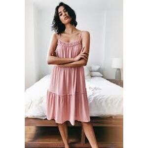 Anthropologie Saturday Sunday Etta Dress Large Pink Tier Midi Adjust Straps NWT